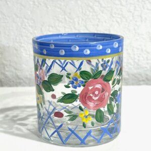 Annie's Treasures Hand Painted Tumbler Glass Drinking Cup Floral Blue 3.25in